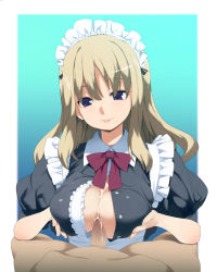 Rule 34 | 1girl, breasts, breasts squeezed together, brown hair, censored, cleavage, cum, highres, huge breasts, light brown hair, long hair, maid, maid headdress, mole, mosaic censoring, nora higuma, paizuri, paizuri under clothes, penis, pov, purple eyes, smile, solo focus, unbuttoned
