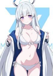 Rule 34 | 1girl, bikini, blue archive, blush, breasts, cleavage, closed mouth, collarbone, cowboy shot, grey hair, halo, highres, jacket, kousuke0912, large breasts, long hair, long sleeves, looking at viewer, mechanical halo, navel, noa (blue archive), open clothes, open jacket, purple eyes, smile, solo, swimsuit, white bikini, white jacket