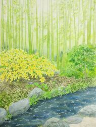 Rule 34 | bamboo, bamboo forest, blue flower, bush, day, flower, forest, grass, highres, nature, no humans, original, painting (medium), plant, rock, sapling, scenery, stream, traditional media, water, watercolor (medium), yamaji nao, yellow flower