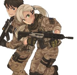 Rule 34 | 1boy, 1girl, action, assault rifle, belt, belt pouch, black footwear, blonde hair, blue eyes, boots, brown hair, bruise, camouflage, closed mouth, desert camouflage, desert camouflage, dirty, earpiece, eotech, gloves, green eyes, gun, h&amp;k hk416, heckler &amp; koch, injury, knee pads, load bearing vest, long hair, military, military uniform, multicolored clothes, multicolored gloves, open mouth, original, ponytail, pouch, rifle, scope, serious, simple background, sin gun woo, sleeves rolled up, thigh strap, trigger discipline, uniform, weapon, white background