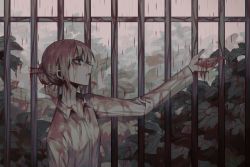 Rule 34 | 1girl, bad id, bad twitter id, blood on clothes, blouse, collared shirt, commentary, dark, english commentary, from side, grey hair, grey shirt, grey sky, hair bun, hair ornament, hairpin, hand up, highres, long sleeves, original, parted lips, plant, raining blood, red eyes, shirt, single hair bun, sky, solo, tsu (lovesick1964), two (tsu (lovesick1964)), upper body, white shirt, wing collar