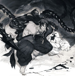 Rule 34 | 2boys, anklet, asura (onmyoji), bare pectorals, bare shoulders, barefoot, blood, blood on clothes, chest tattoo, chinese commentary, clenched teeth, closed mouth, commentary request, dark-skinned male, dark skin, earrings, facial mark, fingernails, flame tattoo, forehead mark, full body, greyscale, hakama, hakama pants, hands on ground, haori, highres, hoop earrings, injury, japanese clothes, jewelry, jionghai, kimono, long hair, long sleeves, looking at viewer, lying, male focus, monochrome, multiple boys, on side, onmyoji, pants, pectorals, pointy ears, protecting, short hair, squatting, taishakuten (onmyoji), tassel, tattoo, teeth, tentacles, toes, toned, toned male, v-shaped eyebrows, very long hair, wide sleeves, yaoi