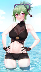 Rule 34 | 1girl, akchu, black shorts, blush, breasts, cleavage, closed mouth, crop top, genshin impact, gloves, green hair, hair between eyes, hands on own hips, highres, kuki shinobu, large breasts, looking at viewer, midriff, navel, partially fingerless gloves, ponytail, purple eyes, short shorts, shorts, solo, thighhighs, wading, wet, wet clothes