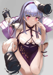 Rule 34 | 1girl, absurdres, art itou, azur lane, breasts, criss-cross halter, dido (anxious bisque doll) (azur lane), dido (azur lane), disembodied hand, dress, dress straps, gloves, grey background, hairband, halter dress, halterneck, hand in own hair, hand on another&#039;s head, headband, highres, large breasts, light purple hair, long dress, looking at viewer, multiple hands, pelvic curtain, purple dress, purple eyes, purple hairband, purple headband, seiza, simple background, sitting, solo, white gloves