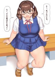 Rule 34 | 1girl, arm support, black-framed eyewear, blue dress, blush, breasts, brown eyes, brown footwear, brown hair, character request, commentary request, copyright request, dress, drill hair, full body, hair between eyes, hair ornament, hairclip, highres, kurowa-san (orizen), large breasts, looking at viewer, medium hair, open mouth, orizen, plump, shadow, shoes, short sleeves, simple background, sitting, smile, socks, solo, speech bubble, tareme, thick thighs, thighs, translation request, twin drills, white background, wing collar