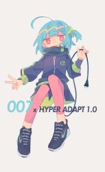 Rule 34 | 1girl, :d, ahoge, blue hair, bright pupils, daizu (melon-lemon), diamond-shaped pupils, diamond (shape), english text, full body, grey background, hair ornament, hands up, highres, jitome, long sleeves, looking at viewer, microphone, no nose, open mouth, original, pink eyes, scarf, shoes, short hair, simple background, smile, sneakers, solo, symbol-shaped pupils, v