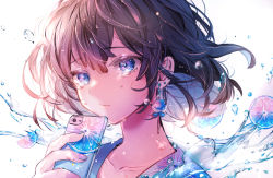 Rule 34 | 1girl, alternate color, bad id, bad pixiv id, blue flower, blue nails, blue ribbon, blue rose, blue theme, brown hair, chigiri kurenai, closed mouth, collarbone, commentary request, crying, crying with eyes open, dripping, earrings, eyelashes, floating hair, flower, flower earrings, food, food print, fruit, highres, jewelry, lemon, lemon slice, light particles, looking at viewer, motion blur, nail polish, original, portrait, ribbon, rose, sad, short hair, solo, stud earrings, tears, water, water drop, white background