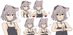 Rule 34 | ..., 1girl, alternate costume, animal ears, arrow (symbol), blush, breast conscious, breasts, breasts squeezed together, camisole, character sheet, choker, closed eyes, collarbone, flat chest, grey hair, hands on own chest, jewelry, looking at viewer, mouse ears, multiple persona, nazrin, sequential, short hair, simple background, speech bubble, spoken ellipsis, sweatdrop, tearing up, text focus, touhou, toujou (toujou ramen), upper body, wavy mouth, white background