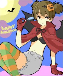 Rule 34 | 1girl, arm support, bad id, bad pixiv id, bat (animal), bat wings, bikini, bikini top only, bloomers, brown hair, cape, food-themed hair ornament, gloves, green thighhighs, hair ornament, halloween, happy halloween, k-on!, moon, multicolored clothes, multicolored legwear, orange thighhighs, pumpkin hair ornament, red eyes, sasami (ganmo), short twintails, solo, striped clothes, striped thighhighs, suzuki jun, swimsuit, thighhighs, twintails, underwear, wings