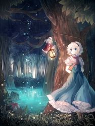 Rule 34 | 1girl, against tree, alice margatroid, blonde hair, blue eyes, bow, bug, butterfly, capelet, carrying, forest, hair bow, hairband, bug, lantern, miyakure, mushroom, nature, open mouth, pond, puffy short sleeves, puffy sleeves, sash, shanghai doll, shirt, short sleeves, skirt, skirt set, smile, touhou, tree, tree stump, vest