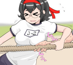 Rule 34 | &gt; &lt;, 1girl, accidental pervert, assha (schector), black buruma, black hair, breasts, buruma, closed eyes, commentary request, ears visible through hair, glasses, groping, gym uniform, hairband, highres, holding, holding rope, jimiko, motion lines, nervous, original, outdoors, red hairband, rope, shirt, short hair, short sleeves, sound effects, sweat, tug of war, unlikely accident, wavy mouth, white shirt