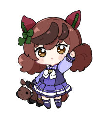 Rule 34 | 1girl, :o, animal ears, black footwear, blush stickers, bow, brown eyes, brown hair, chibi, commentary, ear bow, ear covers, full body, green bow, hand up, highres, horse ears, horse girl, horse tail, long sleeves, looking at viewer, multicolored hair, nice nature (racehorse), nice nature (umamusume), nozo (hitomiz), parted lips, pleated skirt, puffy long sleeves, puffy sleeves, purple shirt, purple skirt, purple thighhighs, shirt, shoes, simple background, skirt, solo, standing, streaked hair, symbol-only commentary, tail, thighhighs, twintails, umamusume, white background, white bow