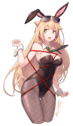 Rule 34 | 1girl, ahoge, animal ears, armpits, aviator sunglasses, bare shoulders, blonde hair, blunt bangs, breasts, cleavage, cowboy shot, cuffs, dated, detached collar, eyewear on head, fake animal ears, fishnet pantyhose, fishnets, from side, girls&#039; frontline, green eyes, grey pantyhose, hair flaps, highres, legs together, leotard, long hair, looking at viewer, m1918 (girls&#039; frontline), medium breasts, momera, necktie, open mouth, pantyhose, playboy bunny, rabbit ears, signature, simple background, skindentation, smile, solo, standing, sunglasses, teeth, thigh gap, thighs, upper teeth only, very long hair, white background, wrist cuffs