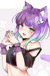 Rule 34 | 1girl, :d, animal ear fluff, animal ears, bare shoulders, black shirt, cat ears, cat girl, cat tail, chigasaki yukari, colored inner hair, commission, crop top, cropped shirt, fang, gradient hair, green eyes, green hair, highres, indie virtual youtuber, multicolored hair, navel, open mouth, purple hair, second-party source, shirt, short hair, short sleeves, shwaa, skeb commission, skin fang, smile, steepled fingers, stomach, strap slip, tail, virtual youtuber, wrist cuffs