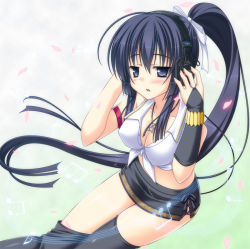 Rule 34 | 1girl, armlet, beamed quavers, black eyes, black gloves, black hair, black thighhighs, blouse, blush, bow, bracelet, breasts, bridal gauntlets, cherry blossoms, cleavage, collarbone, covered erect nipples, front-tie top, gloves, hair between eyes, half-closed eyes, headphones, jewelry, long hair, looking at viewer, medium breasts, miniskirt, musical note, necklace, open mouth, original, petals, ponytail, quaver, shirt, single glove, skirt, skywaker, sleeveless, solo, staff (music), taut clothes, taut shirt, thighhighs, tsurime, very long hair, white shirt