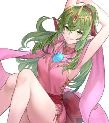 Rule 34 | 1girl, armpits, arms up, bare shoulders, dragonstone, dress, fire emblem, fire emblem: mystery of the emblem, fire emblem: shadow dragon and the blade of light, fire emblem awakening, fire emblem heroes, green eyes, green hair, grin, hair ornament, jewelry, long hair, looking at viewer, necklace, nintendo, official alternate costume, pink dress, pointy ears, ponytail, short dress, simple background, sleeveless, smile, solo, stone, tiara, tiki (adult) (fire emblem), tiki (fire emblem), white background, zuzu (ywpd8853)