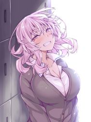 Rule 34 | 1girl, bad id, bad twitter id, blush, breasts, brown jacket, cleavage, collared shirt, commentary request, hair between eyes, heterochromia, jacket, large breasts, locker, long hair, long sleeves, looking at viewer, mirei-san (suterii), original, pink eyes, popped collar, red eyes, shirt, smile, solo, suterii, teeth, upper body, white shirt, wing collar