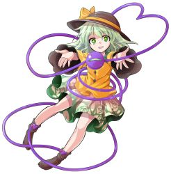 Rule 34 | 1girl, alphes (style), boots, dairi, eyeball, floral print, full body, green eyes, green hair, hat, hat ribbon, heart, heart of string, image sample, komeiji koishi, long sleeves, looking at viewer, matching hair/eyes, md5 mismatch, open mouth, outstretched arms, parody, pixiv sample, ribbon, shirt, short hair, simple background, skirt, smile, solo, string, style parody, third eye, touhou, white background, wide sleeves