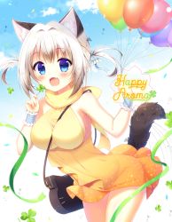 Rule 34 | 1girl, :3, :d, animal ears, aoi yun, bag, balloon, between breasts, blue bow, blue eyes, blue sky, blush, bow, breasts, cat ears, cat girl, cat tail, cloud, clover, commentary request, day, dress, fang, fingernails, four-leaf clover, frills, hair between eyes, hair bow, holding, large breasts, leaning forward, looking at viewer, nail polish, open mouth, original, outdoors, scarf, short twintails, shoulder bag, silver hair, sky, sleeveless, sleeveless dress, smile, solo, strap between breasts, tail, twintails, wrist cuffs, yellow dress, yellow scarf