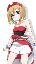 Rule 34 | 1girl, bad id, bad twitter id, bare shoulders, blonde hair, blue eyes, bracelet, breasts, cleavage, closed mouth, creatures (company), frown, game freak, hair between eyes, hairband, highres, irida (pokemon), jewelry, looking at viewer, nintendo, pokemon, pokemon legends: arceus, red hairband, red shirt, sash, shadow, shirt, short hair, shorts, sleeveless, sleeveless shirt, small breasts, solo, strapless, strapless shirt, white background, white shirt, yuihico