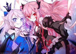 Rule 34 | 10s, 2girls, blue eyes, bow, chain, child, crown, elsword, horns, krul tepes, looking at viewer, luciela r. sourcream, multiple girls, owari no seraph, pink hair, pointy ears, red eyes, sakon04, skirt, smile, tail, twintails, weapon, white background, white hair