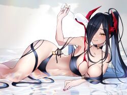 Rule 34 | 0621ff, 1girl, absurdres, alcohol, alternate costume, alternate hairstyle, azur lane, bikini, black bikini, breasts, cup, drinking glass, friedrich der grosse (azur lane), grey background, hair over one eye, highres, horns, large breasts, long hair, looking at viewer, lying, mechanical horns, nail polish, on side, ponytail, pouring, pouring onto self, red horns, red nails, simple background, solo, swimsuit, very long hair, wine, wine glass, yellow eyes