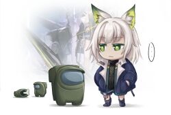 Rule 34 | ..., 1girl, :&lt;, absurdres, among us, animal ear fluff, animal ears, arknights, black scarf, blue jacket, blue shorts, boots, cat ears, cat girl, chibi, closed mouth, commentary, crewmate (among us), english commentary, green eyes, highres, jacket, kal&#039;tsit (arknights), kal&#039;tsit (remnant) (arknights), official art inset, scarf, short hair, shorts, spoken ellipsis, thokuma, white background, white hair