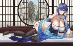 Rule 34 | 1girl, black thighhighs, blue hair, blush, breasts, cleavage, closed mouth, commentary, commission, dp-12 (echeveria lantern) (girls&#039; frontline), dp-12 (girls&#039; frontline), english commentary, feet, fuooooo, girls&#039; frontline, grey eyes, hair ornament, highres, jewelry, large breasts, legs, looking at viewer, lying, medium hair, no shoes, official alternate costume, on side, paid reward available, panties, ring, single bare shoulder, skeb commission, smile, thighhighs, thighs, toes, underwear, white panties