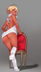 Rule 34 | 1girl, ahoge, ass, backless dress, backless outfit, bare back, blonde hair, blush, chair, cleft of venus, dark-skinned female, dark skin, dress, from behind, full body, grey background, hair tubes, highres, kneehighs, long hair, looking at viewer, meme attire, naked sweater, nil sunna, no panties, open mouth, original, pointy ears, pussy, ribbed sweater, shadow, short hair with long locks, simple background, smile, socks, solo, sunna (nilsunna), sweater, sweater dress, turtleneck, turtleneck sweater, uncensored, virgin killer sweater, white socks