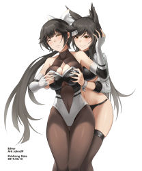 Rule 34 | 2girls, ;(, animal ears, ark john up, artist name, atago (azur lane), atago (stunning speedster) (azur lane), azur lane, bare shoulders, bikini, black bikini, black hair, black legwear, blunt bangs, blush, bodystocking, bow, grabbing another&#039;s breast, breasts, center opening, cleavage, cleavage cutout, closed mouth, clothing cutout, collarbone, covered navel, dated, elbow gloves, flipped hair, gloves, grabbing, grabbing from behind, grey leotard, hair bow, hand on another&#039;s head, highres, large breasts, leotard, long hair, long sleeves, looking at viewer, mole, mole under eye, multiple girls, navel, orange eyes, pantyhose, race queen, simple background, skindentation, smile, sweat, swept bangs, swimsuit, takao (azur lane), takao (full throttle charmer) (azur lane), thigh gap, thighhighs, underboob, very long hair, white background, white bow, white gloves, wrist cuffs, yellow eyes, yuri