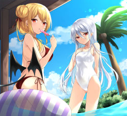 Rule 34 | 2girls, absurdres, ass, bare arms, bare shoulders, bikini, black wings, blonde hair, bow, breasts, casual one-piece swimsuit, closed mouth, commentary request, day, demon girl, demon tail, demon wings, double bun, food, hair bow, hair bun, highres, holding, holding food, ice cream, long hair, looking at viewer, low wings, medium breasts, multiple girls, one-piece swimsuit, original, outdoors, palm tree, parted lips, pointy ears, red bikini, red bow, red eyes, side-tie bikini bottom, silver hair, standing, swimsuit, tail, taruton (konritu0821), transparent, tree, very long hair, water, white one-piece swimsuit, wings