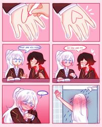 Rule 34 | absurdres, blush, body writing, cape, comic, english text, full-face blush, gradient hair, hair down, hand up, heart, highres, long hair, marker, multicolored hair, ponytail, red cape, ruby rose, rwby, school uniform, short hair, shower (place), showering, weiss schnee, white hair, yourstarrysky, yuri