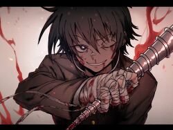 Rule 34 | 1boy, absurdres, bandaged hand, bandages, black hair, black jacket, blood, blood on face, blood on hands, bloody bandages, blue eyes, bright pupils, buttons, commentary, ebora, english commentary, gakuran, gradient background, grey background, highres, holding, jacket, kumagawa misogi, letterboxed, looking at viewer, male focus, medaka box, messy hair, muted color, one eye closed, school uniform, screw, short hair, smile, solo, upper body, white pupils