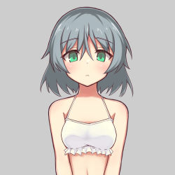 Rule 34 | 1girl, blush, bra, breasts, caraku, green eyes, grey background, grey hair, highres, looking at viewer, sanya v. litvyak, short hair, simple background, small breasts, solo, strike witches, underwear, upper body, white bra, world witches series
