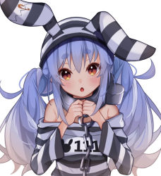 Rule 34 | 1girl, :o, animal ears, bare shoulders, blue hair, blush, hikimayu, hololive, long hair, looking at viewer, messy hair, multicolored hair, open mouth, orange eyes, prison clothes, rabbit ears, rabbit girl, short eyebrows, simple background, solo, temari maco, thick eyebrows, twintails, two-tone hair, upper body, usada pekora, usada pekora (prisoner), virtual youtuber, white background, white hair