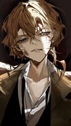 Rule 34 | 1boy, black background, blood, blood on face, blood on mouth, blue eyes, brown jacket, bruise, bruise on face, bungou stray dogs, collarbone, hair between eyes, highres, injury, jacket, looking at viewer, mafia, male focus, medium hair, nakahara chuuya, orange hair, parted lips, shirt, simple background, solo, sweatdrop, upper body, white shirt, ya ta