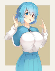 Rule 34 | 1girl, :3, :p, bad id, bad pixiv id, beige border, bimuri, blue capelet, blue eyes, blue hair, blue skirt, blush, breasts, capelet, commentary request, cowboy shot, hair between eyes, hands up, heterochromia, highres, large breasts, long sleeves, looking at viewer, pleated skirt, red eyes, shirt, short hair, simple background, skirt, smile, solo, standing, tatara kogasa, tongue, tongue out, touhou, white shirt, yellow background