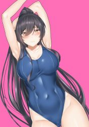 Rule 34 | 1girl, absurdres, armpits, arms up, blush, chiyo goya, closed mouth, collarbone, commentary, competition swimsuit, covered navel, dutch angle, eyes visible through hair, hair between eyes, highleg, highleg swimsuit, highres, idolmaster, idolmaster shiny colors, long hair, looking at viewer, one-piece swimsuit, pink background, ponytail, school swimsuit, shirase sakuya, simple background, solo, swimsuit, taut clothes, taut swimsuit, very long hair, yellow eyes