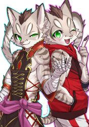 Rule 34 | 2boys, animal ears, bandaged arm, bandages, black claws, cat boy, cat ears, cat tail, claws, commentary request, furry, furry male, green eyes, half-closed eye, hand in pocket, hato (heiseiradiodenk), highres, hood, hood down, hoodie, looking at viewer, male focus, multiple boys, nekojishi, one eye closed, pawpads, red hoodie, shu chi (nekojishi), sleeveless, sleeveless hoodie, tail, twitter username, white background