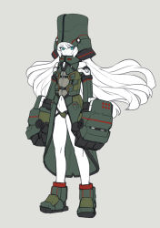 Rule 34 | 1girl, aqua eyes, ban! (bansankan), bare shoulders, cherno alpha, female focus, flat chest, flat color, full body, hat, high collar, highres, jaeger (pacific rim), legendary pictures, long coat, long hair, looking at viewer, mecha musume, mechanical hands, midriff, navel, pacific rim, pan pacific defense corps, personification, roll of nickels (pacific rim), simple background, single mechanical hand, solo, wavy hair
