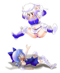Rule 34 | 2girls, blue hair, circled 9, cirno, dei shirou, detached sleeves, hat, letty whiterock, midriff peek, multiple girls, short hair, silver hair, simple background, spread legs, thighs, touhou, white background, wings, wrestling