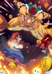 Rule 34 | 1girl, 3boys, ? block, arm hair, bowser, bracelet, coin, commentary, epic, faceoff, facial hair, glowing, glowing eyes, hat, highres, horns, incoming attack, jewelry, mario, mario (series), multiple boys, muscular, mustache, nintendo, open mouth, overalls, powering up, princess peach, red hair, sharp teeth, spiked bracelet, spikes, super star (mario), super mario bros. 1, tail, teeth, thick eyebrows, throne, throne room, toad (mario), tovio rogers, turtle shell, watermark, web address