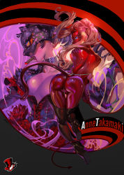 Rule 34 | 10s, 1girl, alphonse (white datura), ass, blonde hair, blue eyes, bodysuit, boots, breasts, carmen (persona 5), cat mask, character name, cigar, cleavage, collar, commentary, corset, dress, flower, from behind, gloves, high heels, large breasts, long hair, looking at viewer, looking back, mask, persona, persona 5, rose, solo, tail, takamaki anne, thigh boots, thighhighs, twintails, zipper