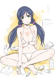 Rule 34 | 10s, 1girl, barefoot, bikini, black hair, blush, bottle, breasts, cameltoe, cleavage, covered erect nipples, feet, food, full body, green eyes, green hair, highres, kuboshun, large breasts, love live!, love live! school idol project, partially visible vulva, simple background, sitting, swimsuit, toes, tojo nozomi, twintails