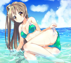 Rule 34 | 10s, 1girl, arm support, ass, bad id, bad pixiv id, beach, bikini, blush, bow, breasts, brown hair, cleavage, cloud, day, green bikini, hair bow, hair ornament, hairclip, kurou (quadruple zero), large breasts, long hair, looking at viewer, love live!, love live! school idol project, minami kotori, ocean, outdoors, partially submerged, sky, smile, solo, swimsuit, untied bikini, water, wet, yellow eyes
