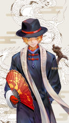 Rule 34 | 1boy, blonde hair, blue eyes, cane, chinese text, clothes, dragon, dywx poison, fedora, gloves, hand fan, hat, highres, holding, holding fan, long sleeves, male focus, one piece, red gloves, sabo (one piece), scar, scarf, short hair, smile, solo