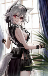 Rule 34 | 1girl, animal ears, bare arms, bare shoulders, belt pouch, black dress, black gloves, blurry, breasts, cowboy shot, curtain grab, curtains, depth of field, dress, fingerless gloves, fox ears, fox girl, fox tail, frilled dress, frills, from side, gloves, grey hair, highres, kawachi rin, large breasts, long hair, looking at viewer, looking back, maid headdress, open mouth, original, pouch, red eyes, side slit, sideboob, sleeveless, sleeveless dress, smile, solo, standing, tail, wristband