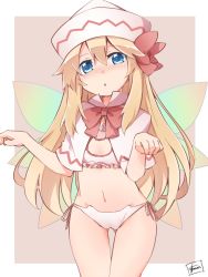 Rule 34 | 1girl, :o, blonde hair, blue eyes, blush, bow, bra, cameltoe, capelet, cat cutout, cat ear panties, cat lingerie, clothing cutout, fairy wings, flat chest, hat, lily white, long hair, looking at viewer, meme attire, navel, panties, paw pose, side-tie panties, simple background, solo, touhou, underwear, white bra, white panties, wings, yutamaro