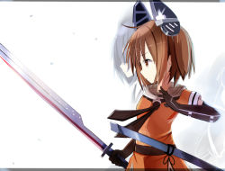 Rule 34 | 10s, 2girls, bad id, bad pixiv id, black neckerchief, brown eyes, brown hair, commentary request, elbow gloves, fighting stance, from side, fusion, gloves, unworn headgear, holding, holding sword, holding weapon, kantai collection, long hair, marisayaka, multiple girls, neckerchief, profile, school uniform, sendai (kancolle), serafuku, sheath, short hair, simple background, sword, tenryuu (kancolle), unsheathed, upper body, weapon, white background