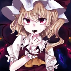 Rule 34 | 1girl, ascot, blonde hair, blood, blood from mouth, blood on cheek, blood on face, blood on hands, buttons, collared shirt, crystal, dark background, fangs, flandre scarlet, frilled shirt collar, frilled sleeves, frills, glowing, glowing wings, hair between eyes, hat, kuromame1025, looking at viewer, medium hair, mob cap, multicolored wings, one side up, open mouth, puffy short sleeves, puffy sleeves, red eyes, red vest, shirt, short sleeves, simple background, solo, touhou, upper body, vest, white hat, white shirt, wings, yellow ascot